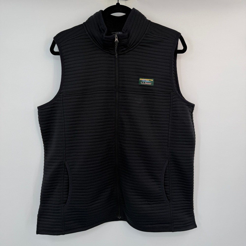 LL Bean Womens Black Quilted Ribbed Fleece Vest Full Zip 513118 XL Regular